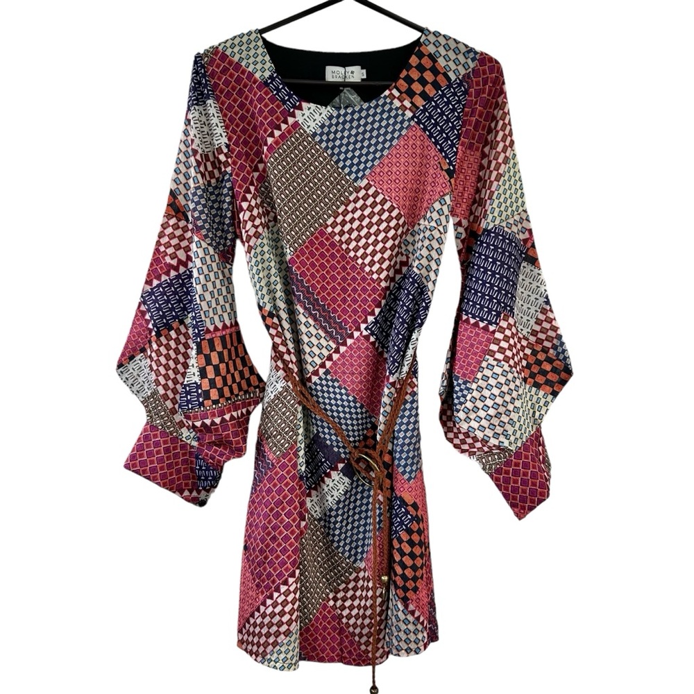 MOLLY BRACKEN Fleurish Rust Pattern Paige Belted Lined Dress NEW Size S